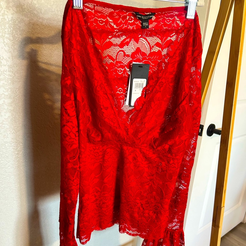 Guess red lace long sleeve tunic, size small.